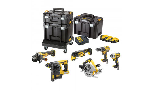 Набор аккумуляторный DEWALT, 18 В: перфоратор + дисковая пила + УШМ + дрель + шуруповерт + реноватор, с 3 АКБ 5 Ач и ЗУ, в 3 кейсах TSTAK, DCK685P3T