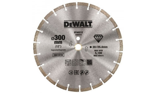 Алмазный круг сегментный универсальный DeWALT DT40212, 300 x 25.4, (кольцо 20 мм, в комплекте)