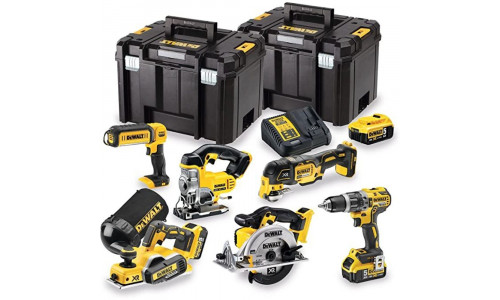 Набор бесщеточных аккумуляторных инструментов DeWALT DCK665P3T: дрель-шуруповерт, лобзик, циркулярная пила, рубанок, реноватор-мультитул, фонарь, 3 Акб, ЗУ, 2 кейса TSTAK