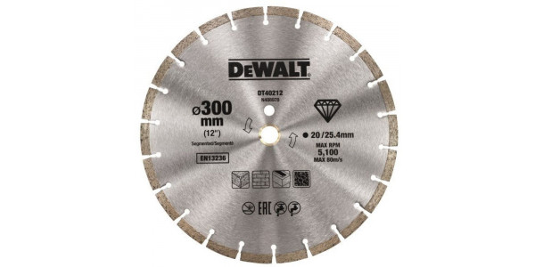 Алмазный круг сегментный универсальный DeWALT DT40212, 300 x 25.4, (кольцо 20 мм, в комплекте)