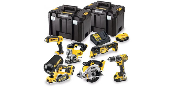 Набор бесщеточных аккумуляторных инструментов DeWALT DCK665P3T: дрель-шуруповерт, лобзик, циркулярная пила, рубанок, реноватор-мультитул, фонарь, 3 Акб, ЗУ, 2 кейса TSTAK