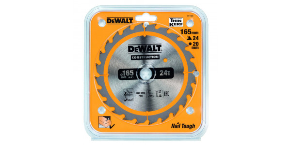 Пильный диск DeWALT DT1949, CONSTRUCTION по дереву с гвоздями 165/20, 24 ATB +24°