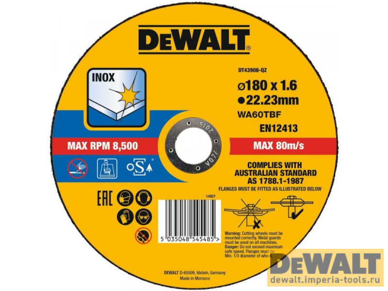 Круг отрезной, высокий ресурс 180x22.2x1.6мм тип 41 DeWALT DT43908 Круг отрезной, высокий ресурс 180x22.2x1.6мм тип 41 DeWALT DT43908
