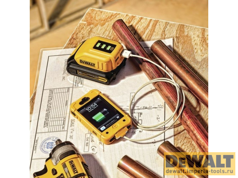 Зарядное устройство для мобильных устройств DeWALT, с 2 портами USB, 10.8-18 В, 1.5 А, DCB090 Зарядное устройство для мобильных устройств DeWALT, с 2 портами USB, 10.8-18 В, 1.5 А, DCB090