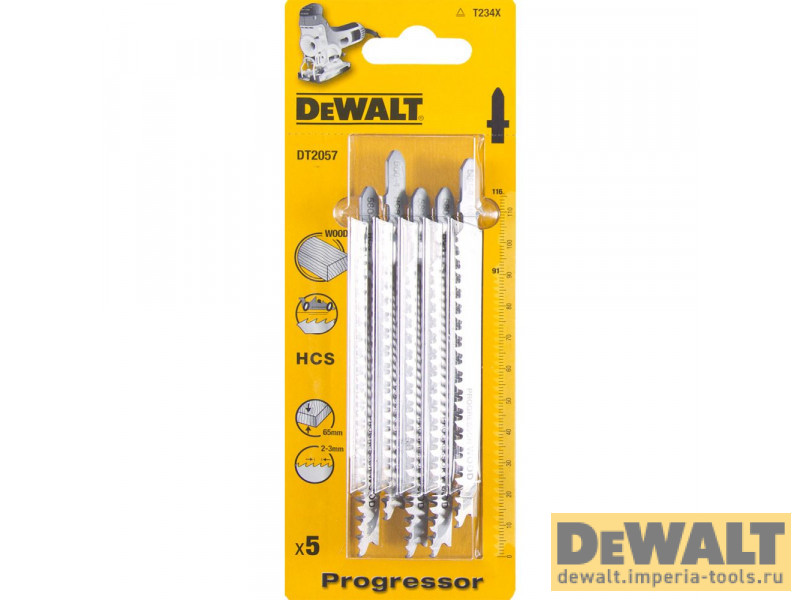 Пилка для лобзика DeWALT DT2057, по дереву из высокоуглеродистой стали, HCS, 116 x 91 x 2-3 x 65 мм, T234X, 5 шт. Пилка для лобзика DeWALT DT2057, по дереву из высокоуглеродистой стали, HCS, 116 x 91 x 2-3 x 65 мм, T234X, 5 шт.