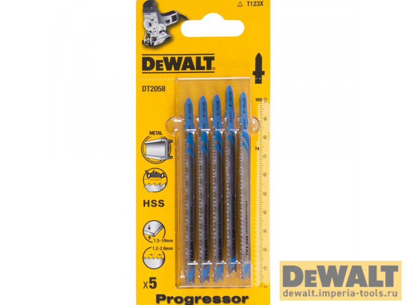 Пилка для лобзика DeWALT DT2058, по металлу HSS 100 x 74 x 1.2-2.6 x 10 мм, T123X, 5 шт. Пилка для лобзика DeWALT DT2058, по металлу HSS 100 x 74 x 1.2-2.6 x 10 мм, T123X, 5 шт.