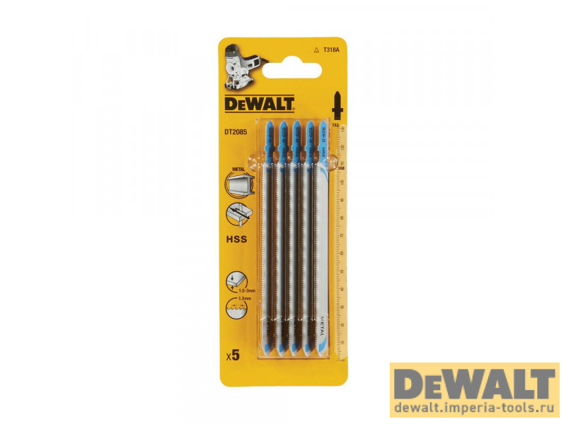 Пилка для лобзика DeWALT DT2085, по металлу HSS 132 x 108 x 1.2 x 3 мм, T318A, 5 шт. Пилка для лобзика DeWALT DT2085, по металлу HSS 132 x 108 x 1.2 x 3 мм, T318A, 5 шт.